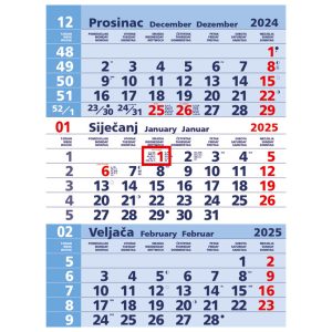 Kalendar zidni trodijelni plavi – nespiralirani